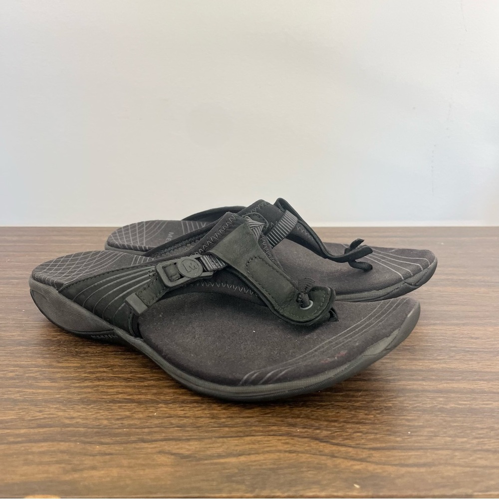 Merrell Women's Pansy Black Leather Slip On Comfort Thong Sandals Slippers Sz 6